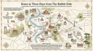 Questa mappa illustrata mostra un itinerario a piedi di tre giorni a Roma, partendo da The Rabbit hole in Trastevere e toccando le principali attrazioni della città eterna organizzate giorno per giorno.